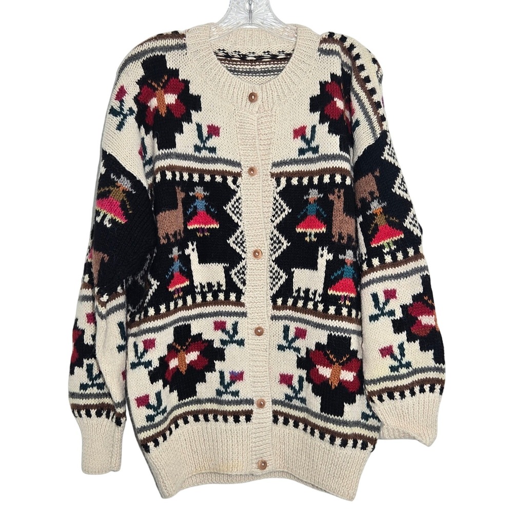 Vintage‎ Style Llama Andean Knit Cardigan Sweater Womens Oversized Multicolor